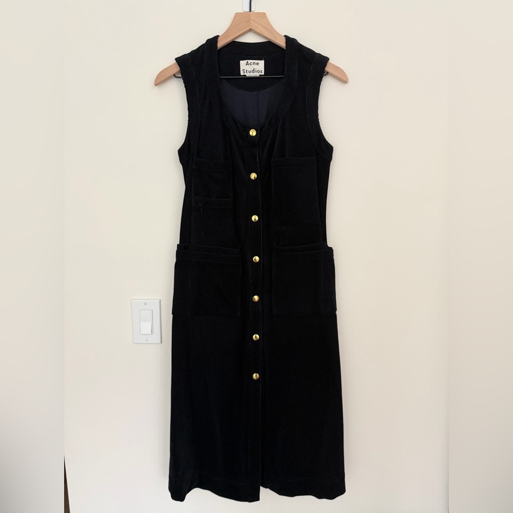 Acne Navy corduroy Sleeveless Midi Dress with Gold Buttons